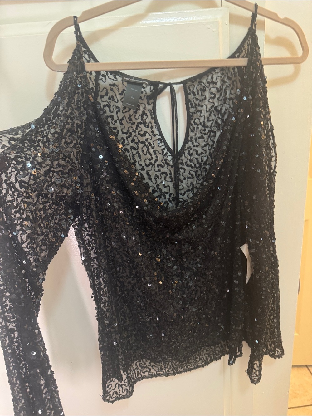 Moda International Black Sequin Sheer Long Sleeve Top with Keyhole Tie - Picture 3 of 4
